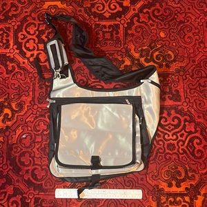 Laptop bag. Silvery gold color. Lots of pockets. Padded back.